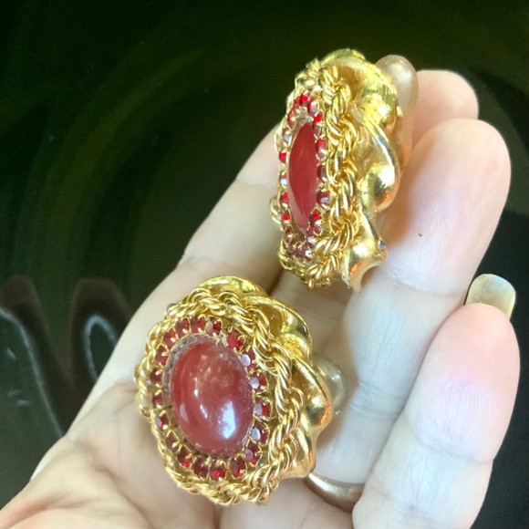 EXQUISITE VINTAGE EARRINGS/CLIP RED JADE/CRYSTAL GOLD CHAIN DISC ⭐️HANDMADE NEW - Picture 7 of 14